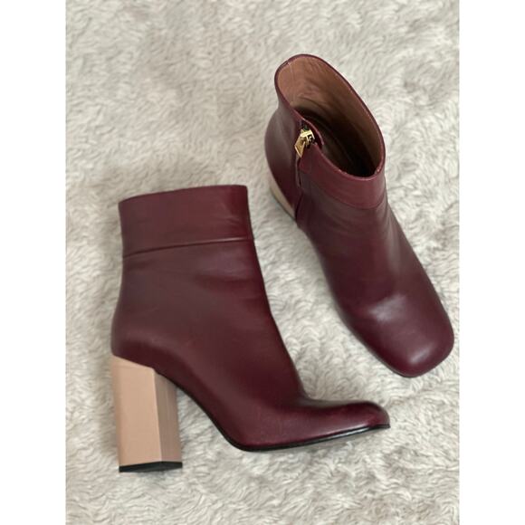 Marni Sz 7 Womens Ankle Leather Boots Block Heel Square Toe Maroon Red Nude - Picture 2 of 10